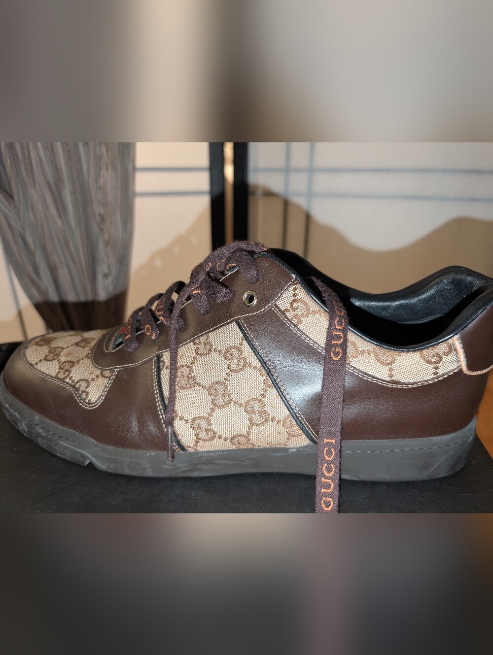 Gucci Men’s Brown GG Canvas & Dark Brown Leather Sneakers with Green-Red Web - Picture 6 of 16